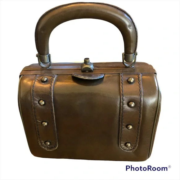 Vintage 1950s Ronay Leather Box Purse Handbag Brown Handles Amazing - Picture 2 of 12